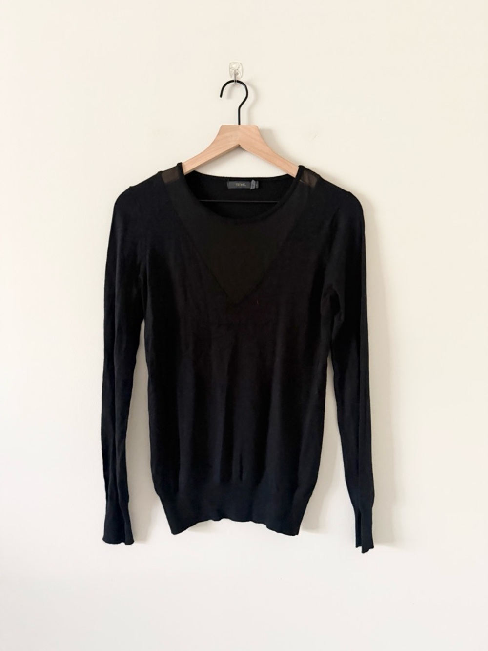THML Black Sheer-Inset Scoop Neck Long Sleeve Sweater Size S